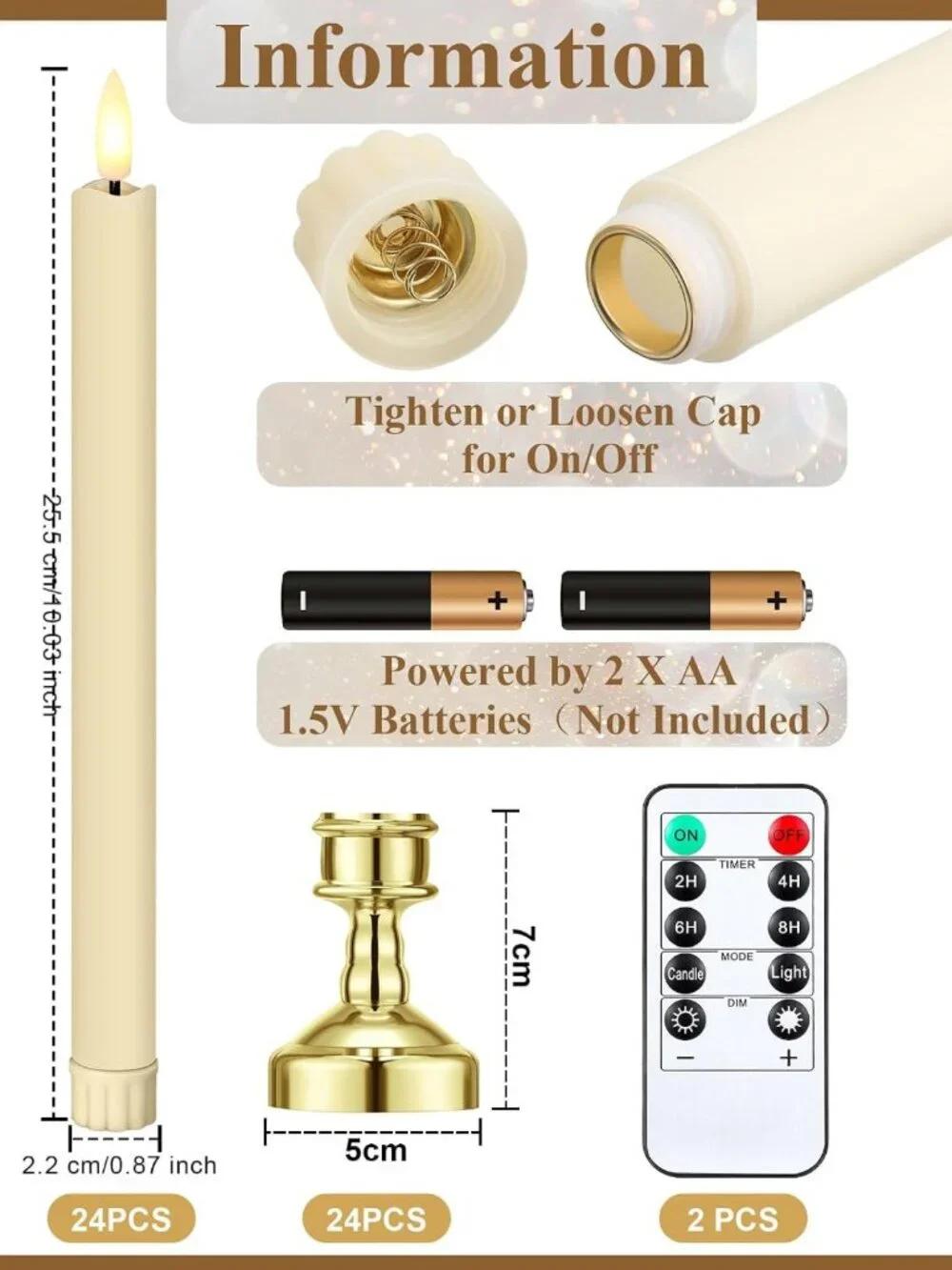 24 Pcs Flameless Taper Candles with Holders & Remote Timer - LED Flickering